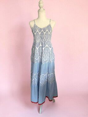 THML Smocked Blue White Paisley Maxi Dress Size Medium